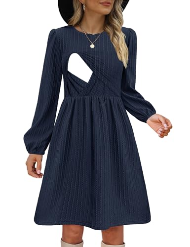Image of CzzzyL Women Nursing Dress Long Sleeve Round Neck Maternity Flowy Knee Length Babydoll