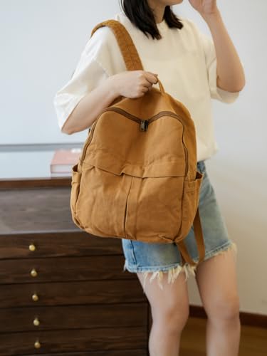 Women's Vintage Style Canvas Backpack Y2K Boho Hippie Grunge Aesthetic Travel Rucksack Lightweight College Basic Daypack (Brown)3