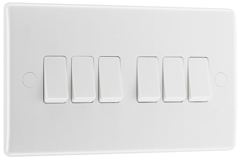 BG Electrical Six Gang Wall Light Switch, 2 Way, Round Edge, Nexus 800 Series, White Moulded, 20A, 16AX, 846