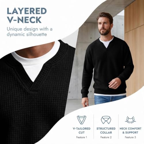 Layered Comfort Waffle Tea for Men Long Sleeve V Neck Fall Casual Shirts - image 4
