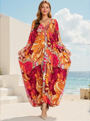 Image of IMAGEKOPE Women's Plus Size Animal Print V-Neck Batwing Kaftan Beach Dress Bathing Suit Cover-Up Loungewear