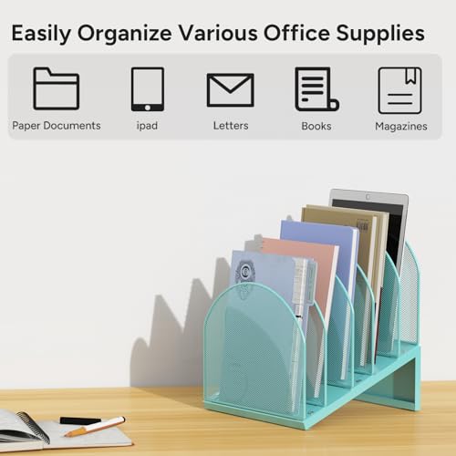 Image of File Organizer for Desk, File Folder Organizer with 5-Section Vertical Rack, Suitable for Home Office Document Organization and Storage (Blue)
