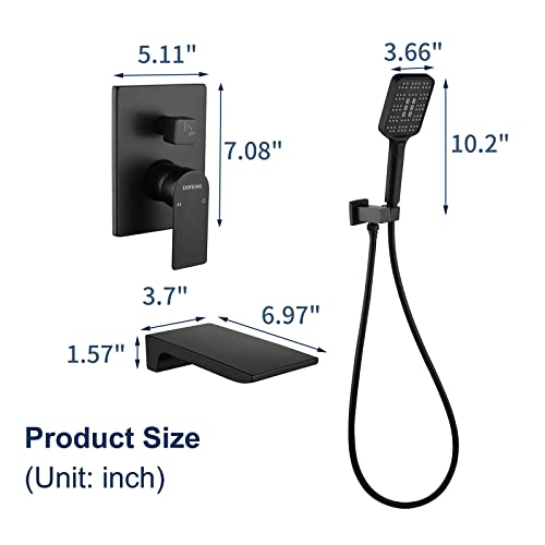 Grifos para bañera con montura en pared con cascada y rociador, juego de grifo para bañera y ducha con kit de recorte de válvula en acabado negro mate miniatura 6
