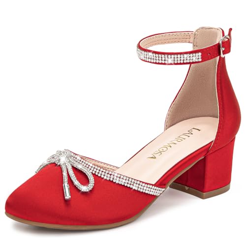 Image of LAURMOSA Girls Sandals Closed Toe High Heels Pointed Toe Ankle Strap Pumps Flower Girl Dressy Shoes in Wedding Party Cute Bowknot Chunky Block Heeled for Little Big Kids