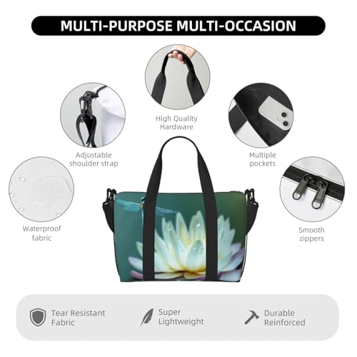 Travel Duffel Bag for Women, Large Shoulder Weekender Overnight Bag, Sport Gym Bag for Men, Carry On Tote Bags, Dragonfly with Water Lily Luggage Bag for Travel Essentials4
