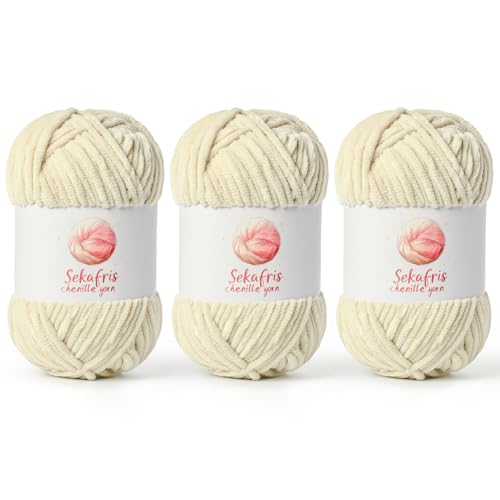 Image of Chenille Yarn for Crocheting, Size 5 Bulky,3 Beige | 300g /393yds Soft Chunky Velvet Yarn for Crochet and Knitting,Fluffy Baby Yarn for Amigurumi,Blankets and DIY Crafts.