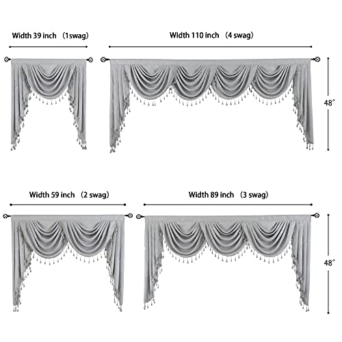 Jade Poke Luxury Waterfall Valances For Windows - Rod Pocket Modern And Elegant Jacquard Valance With Tassels Beads For Bedroom, Living Room Party Banquet Decorations (1 Panel, Grey, W110) #TOP2