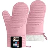 GORILLA GRIP Heat Resistant Silicone Oven Mitts Set, Soft Quilted Lining, Extra Long, Waterproof Flexible Gloves for Cooking and BBQ, Kitchen Mitt Potholders, Easy Clean, Set of 2, Pink