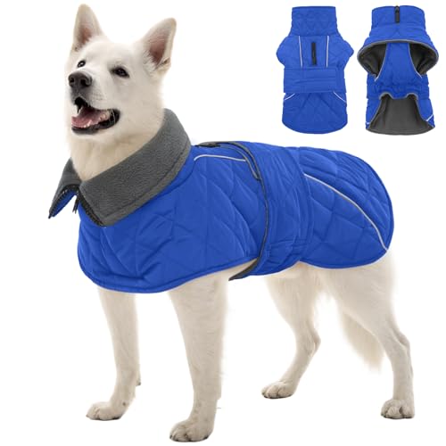 Kuoser Dog Coat, Super-Warm Dog Jacket Windproof Pet Cold Weather Coats for Extra Large Dogs, Fleece Lining Quilted Turtleneck Puppy Snowsuit Reflective Adjustable Doggie Winter Clothes, Blu