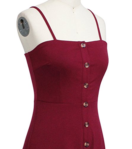 Berydress Women's Spaghetti Strap Midi Button Down Sundresses Cotton Sleeveless Burgundy Party Skater Dress (M, 6046-Burgundy) #TOP3