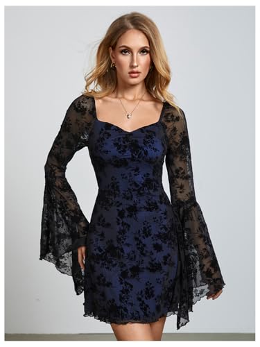Image of WDIRARA Women's Floral Jacquard Mesh Gothic Dress Bell Long Sleeve A Line Vintage Dresses | Mesh fabric, A-line, vintage