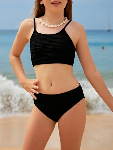 Image of WDIRARA Girl's 2 Piece Solid Ruched Swimwear Set Textured Tankini Tops and Bikini Bottoms Swimwear Sets Bathing Suit Black 9Y