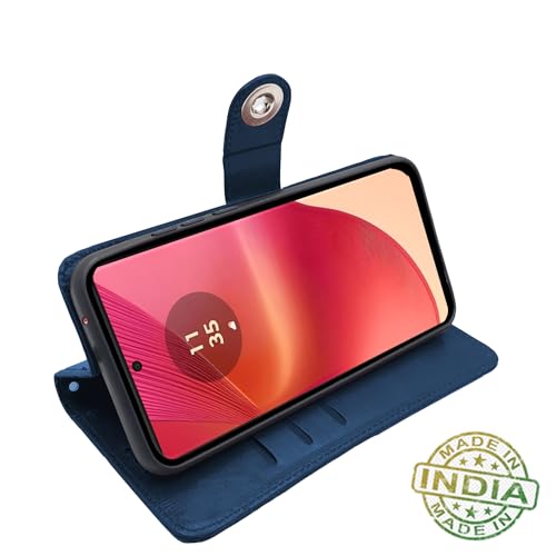 Image of Pikkme Motorola Moto Edge 50 Fusion 5G / Motorola Moto G96 5G Flip Cover Leather Finish | Inside TPU with Card Pockets | Wallet Stand and Shock Proof | Complete Protection Button Flip Case (Blue)