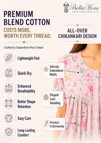 Image of Chikankari Nighty| Nighty for Women Stylish| Night Gown for Women Stylish| All-Over Chikankari Design| Premium Blend Cotton Fabric| Elegant Lace Yoke| Lightweight & Breathable Fabric|