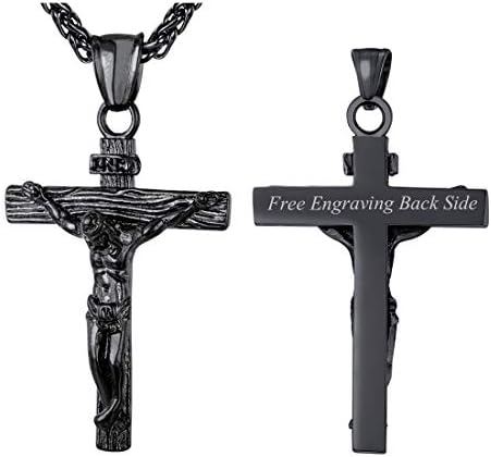 U7 Vintage INRI Jesus Cross Pendant Necklace Bracelet for Men Women, Amulet Christian Jewellery, Engrave Text Available, Adjustable Chain, Come Gift Box