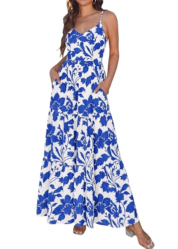 Image of KIRUNDO Sundresses for Women 2026 Spring Summer | Boho Floral Print Hawaiian Style, Sleeveless Spaghetti Strap, With Pockets, Beach Vacation Cruise Flowy Maxi Dress
