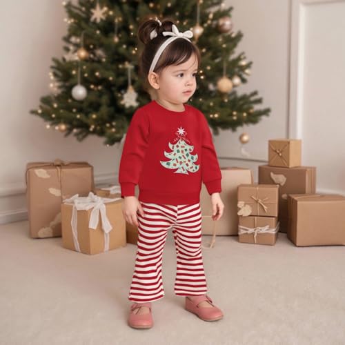 Toddler Baby Girl Christmas Outfit Bow Christmas Tree Embroidery Long Sleeve Sweatshirt Flared Pants Set Xmas Clothes4