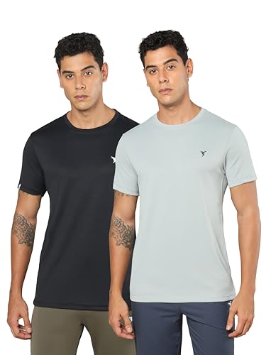Image of TECHNOSPORT Men's 100% Polyester Slim Fit Solid Short Sleeve T-Shirt for Gym, Workout, Sports and Regular Use - Pack of 2