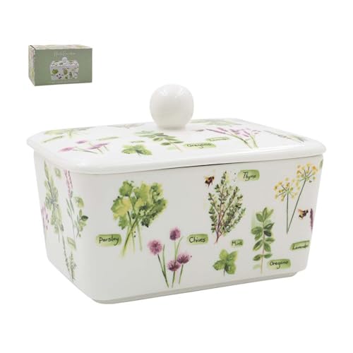 The Leonardo Collection Jennifer Rose Gallery, burriera decorativa in porcellana con coperchio, con illustrazione di erbe aromatiche, stile fattoria, elegante accessorio da cucina