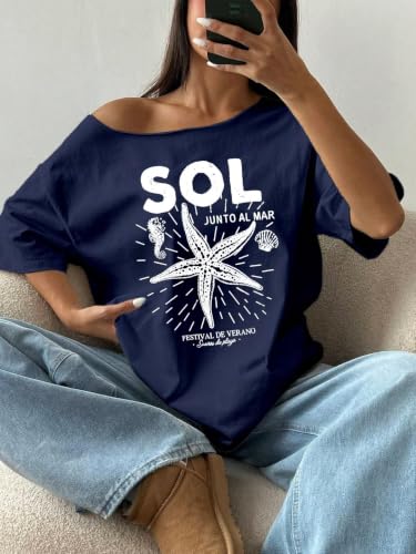Image of SXV STYLE SOL Women Summer Loose Asymmetrical Neck Cocktail Fruit Orange Y2K Graphic Oversized T-Shirt
