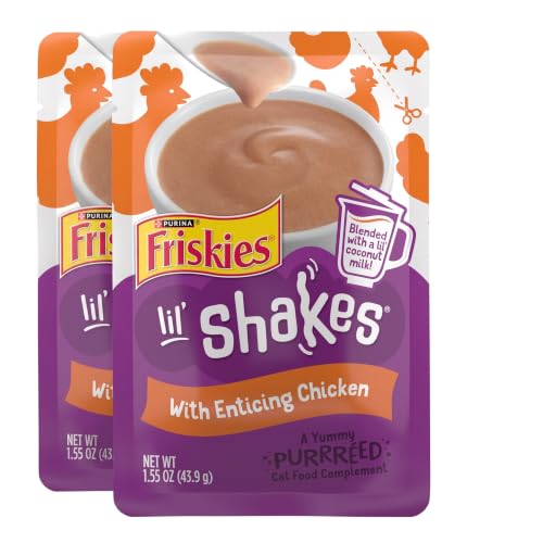 Friskies Purina Pureed Cat Food Topper,Lil’ Shakes with Enticing Chicken Lickable Cat Treats - 1.55 oz. Pouches,(Pack of 32)