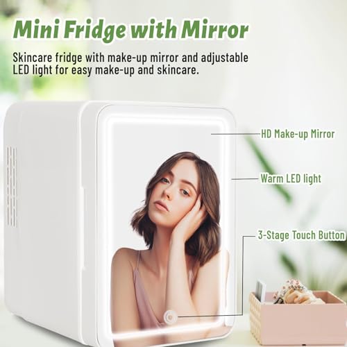 VNIMTI Mini Fridge 4L/6 Cans,Portable Skincare Fridge with LED Mirror,Small Makeup Fridge for Bedroom,Cooler & Warmer Refrigerator Home,Car,Cosmetic,Food,Drink,Beauty,Table Top,Travel (4L- white) - Image 3