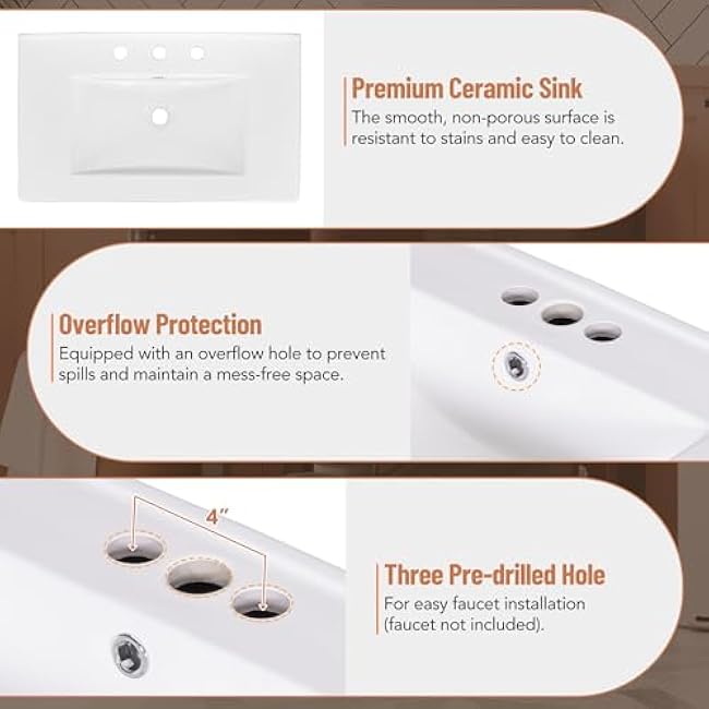 30 Inches Transitional Bathroom Vanity Cabinet Combo with Ceramic Sink, Soft Close Doors Drawers, Black Finish for Bathroom Living Room (2 Drawers + 1 Door)