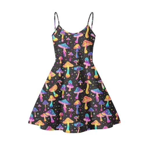 ENLACHIC Women Sexy Summer Sundress Psychedelic Mushrooms Printed Spaghetti Strap Backless A Line Swing Party Mini Dress,M