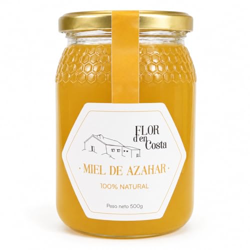 FLOR d'en Costa | Miel Cruda de Azahar | Tarro de Cristal de 500g | Pura de Abeja | Directa del Apicultor a tu Mesa | Sin Filtrar Ni Pasteurizar Ni Azúcar Añadido | 100% Natural