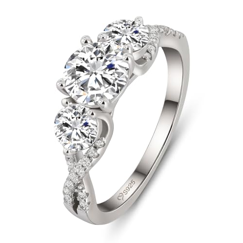 Damen 1ct Moissanit Rundschliff Ring Vintage Twist Verlobungsring Drei Steine Fingerring GRA Zertifiziert Tauring 925er Sterlingsilber Ehering Farbe D VVS1 Ewigkeitsring Geschenk (Silber 50(15.7))