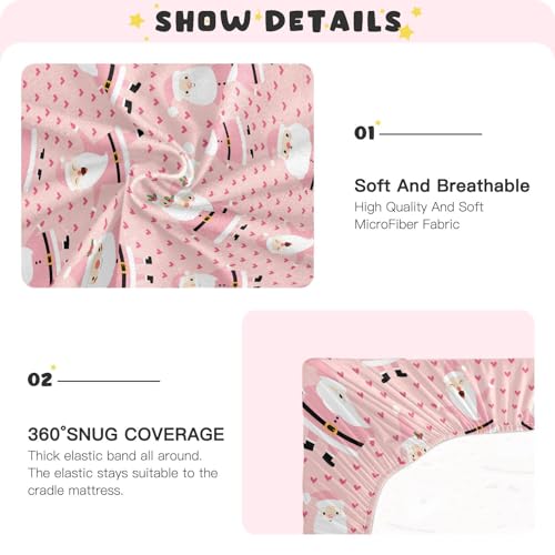 Image of Christmas Pink Santa Crib Sheets Soft Breathable Fitted Baby Playard Sheets Mattress Cover for Girl Boys, 39 inch x 27 inch x 5 inch