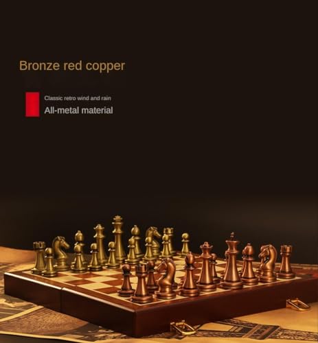 Image of 15.35'' Premium Retro Metal International Chess Board Set Vintage Brass Chess Pieces Wooden Checker Board Portable Folding Travel Chess Gift Box for Beginners and Professional Players