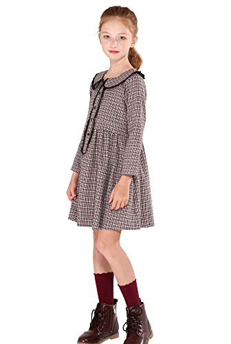 Solocote Girls Plaid Dress Cotton Casual Spring Long Sleeve Dresses Peter Pan Collar 191114 Check B 5-6Y Brown #TOP2