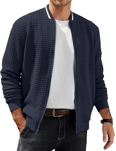 COOFANDY Mens Casual Jacket Lightweight Waffle Bomber Sweatshirt Sweater Jacket Zip Up Varsity Coat