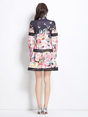 Image of LAI MENG FIVE CATS Women's Hollow Out Floral Print Lantern Sleeve Button Casual Mini Dress