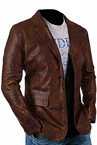 Blazer pour homme en cuir d'agneau marron vieilli coupe ajustée à deux boutons - marron - Taille M
