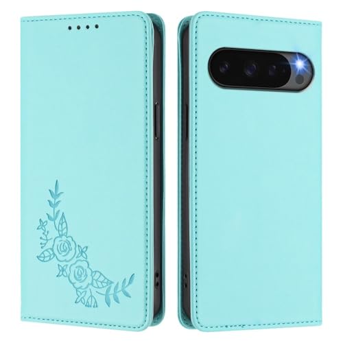 Étui Google Pixel 6A vert menthe à rabat magnétique avec motif fleurs