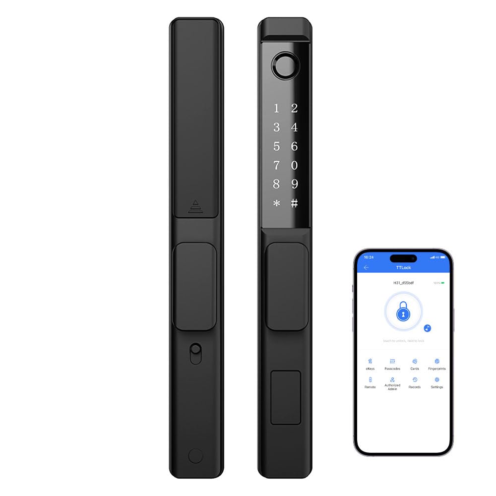 Smart Fingerprint Door Lock with Handle, Keyless Entry: Fingerprint/Smartphone/Code/IC Card/Key, Bluetooth Electronic Deadbolt for Front Wooden & Aluminium Doors, Weatherproof, Matte Black