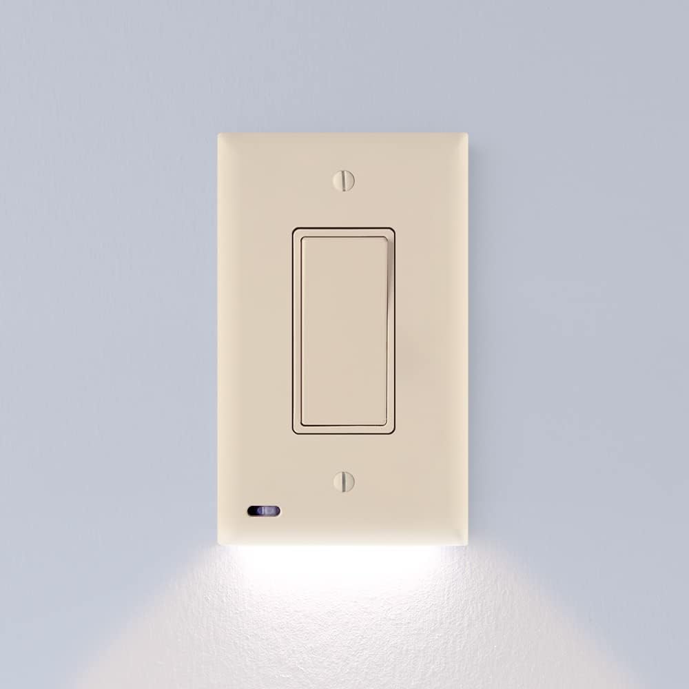 SnapPower Single SwitchLight - LED Night Light - for Single-Pole Light Switches - Light Switch Plate with LED Night Lights - Adjust Brightness - Auto On/Off Sensor - (Rocker, Light Almond)