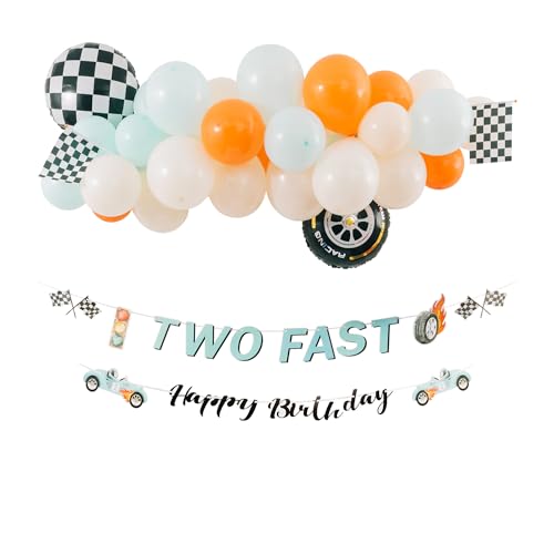 Two Fast Birthday Decorations Kit – Race Car Party Supplies with Balloon Garland, Checkered Flags, Tire Balloons, and Banner for Boys 2nd Birthday
