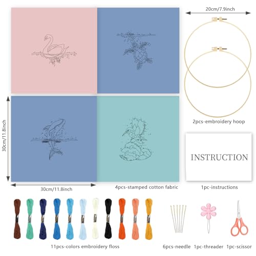 Image of INFUNLY 4 Sets Whale Embroidery Kits for Beginner Bird Cross Stitch Starter Kits with Instructions for Adults DIY Embroidery Needlepoint Sets with Animal Pattern Embroidery Cloth Hoops Threads Tools