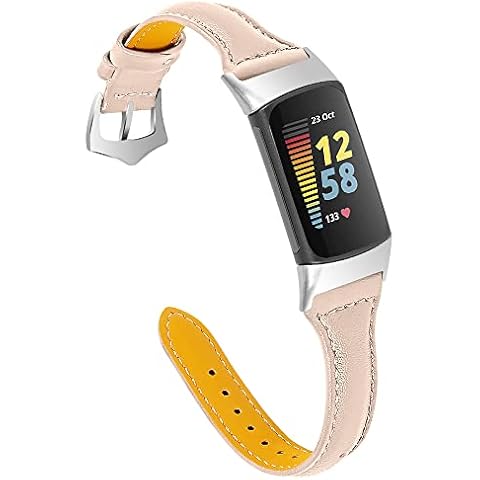 Gimuk Leather Strap Compatible with Fitbit Charge 5 Strap, Women Men Genuine Leather Sport Band Replacement Watch Strap Wristband Bracelet for Charge 5 Fitness Tracker (Apricot) Cover