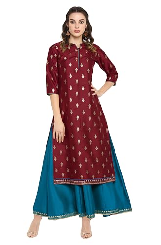 Image of Janasya Womens Silk Blend Gold Printed Layered Ethnic Dress with Inner