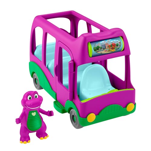 Fisher-Price Barney’s World Autobús de aventuras Vehículo de juguete para empujar con la figura de Barney, juego de imitación para niños y niñas en edad preescolar a partir de 3 años, HYG95
