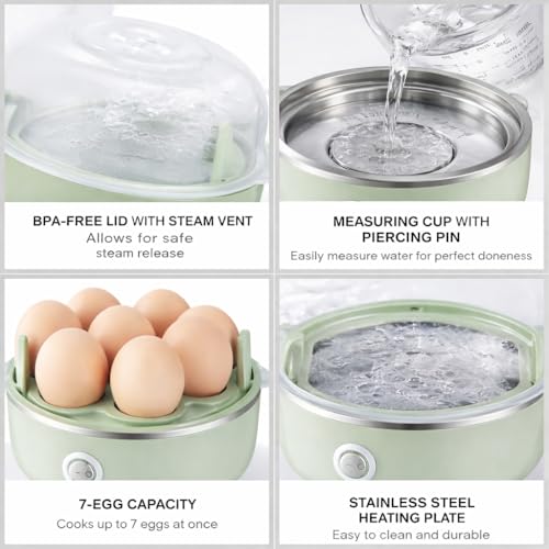 Image of Automatic Electric Egg Boiler | 350 Watt | Boils Upto 7 Eggs | 3 Boiling Modes | Overheat Protection | Stainless Steel Heating Plate, Measuring Cup | 75ml | 1 YEAR WARRANTY (IVORY GREEN)