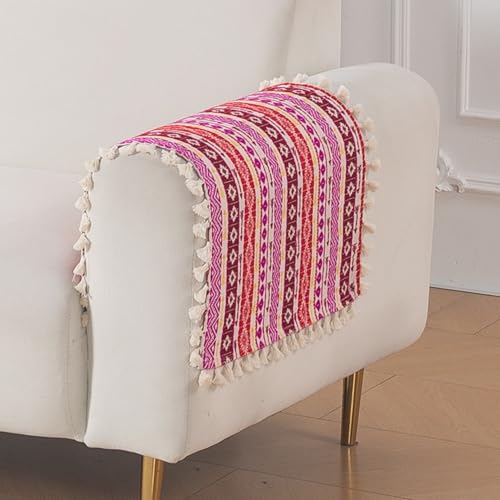 Image of HOKIPO Sofa Arm Cover with Tassel | 300 GSM Thick Cotton Acrylic Jacquard Armrest Mat, 50x70 cm, Pack of 2,'Trivana Series' Hot Pink (IN-931-J3*2)