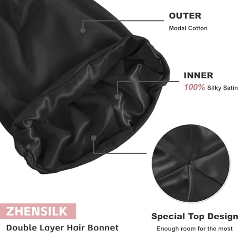 Image of ZHENSILK Silk Bonnet for Sleeping Women, Adjustable Silky Satin Lined Sleep Cap, Silk Hair Wrap Slouch Beanie Hat