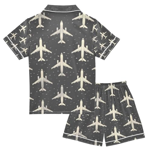 senya Plane Outlines Shadows Satin Summer Pajama Sets Silk Short Sleeve Button Down Sleepwear2