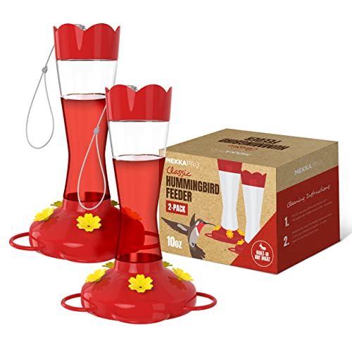 MEKKAPRO Two-Pack Hummingbird Feeders for Outdoors Hanging Made from Glass, 10oz, Hanging 5 Nectar Feeding Stations, Top Fill Hummingbird Feeder, Bright Red, Backyard Feeder (10 Ounce - 2 Pack)