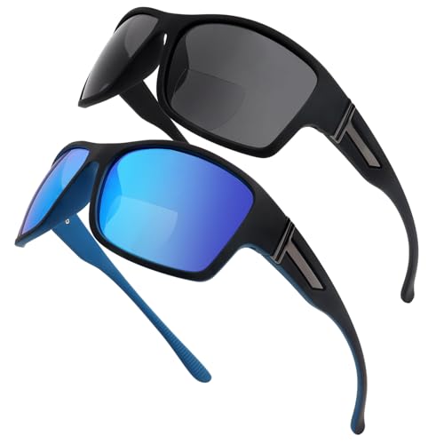 YOBOCO Sportlich Bifokale Sonnenbrille Herren 2 Stück Getönte Sonnenbrille mit Leseteil UV Schutz für Sport/Autofahren/Fahren Blauen+Schwarz 2.0